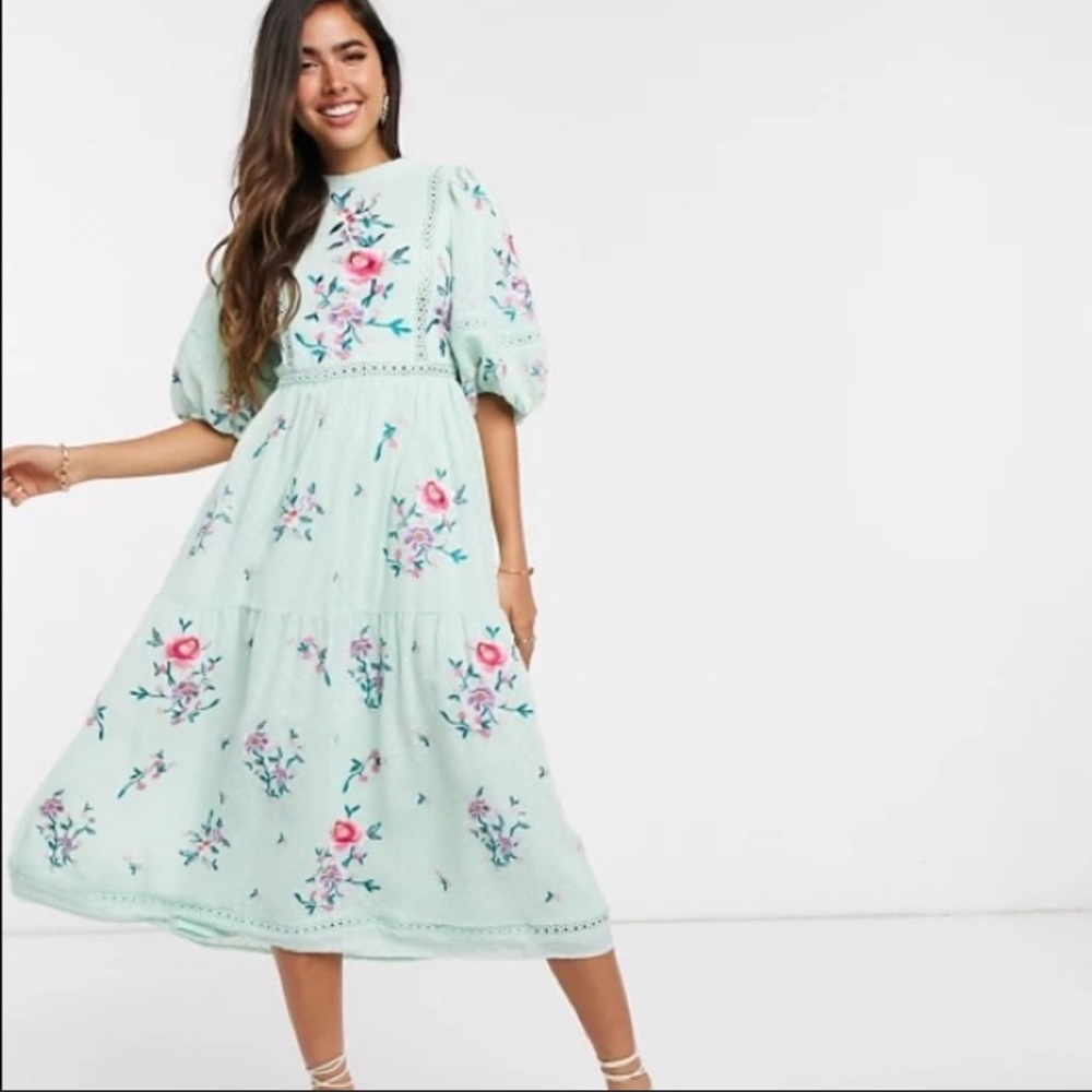 ASOS Design Dobby Floral Embroidered Midi Dress